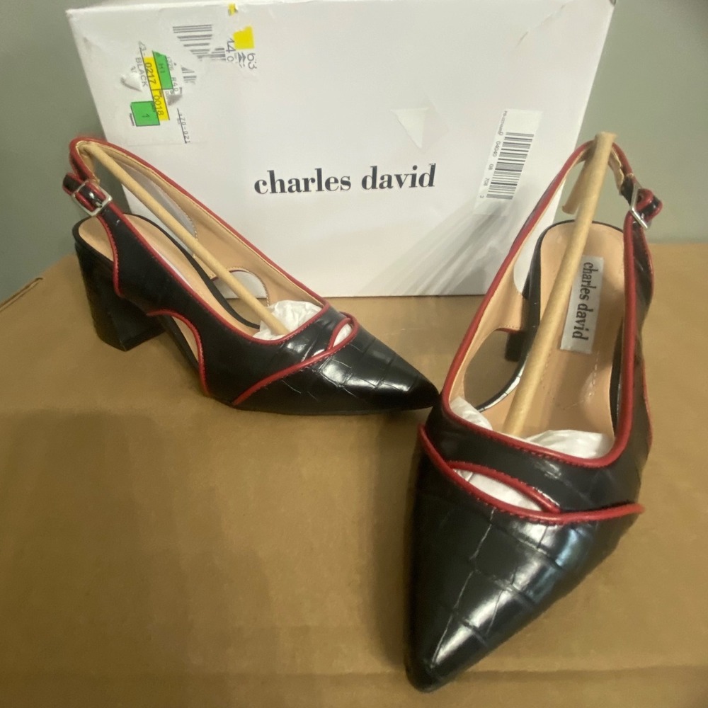 Charles David Anstead Black Red Croc Print Slingback Block Heel Pumps 5.5M
